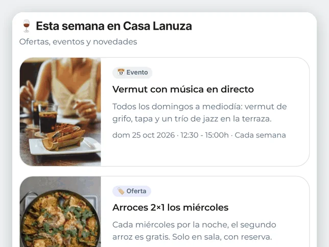 Ofertas, eventos y novedades con su fecha, en una sección propia de la ficha.