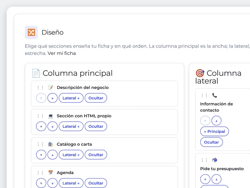 Las secciones de la ficha en dos columnas y las que no enseñas: las subes, las bajas o las pasas de columna con un botón.