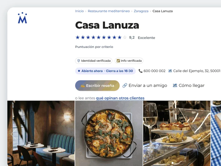 Las fotos van bajo la cabecera de la ficha, en una tira que se pasa con flechas y se abre a pantalla completa.