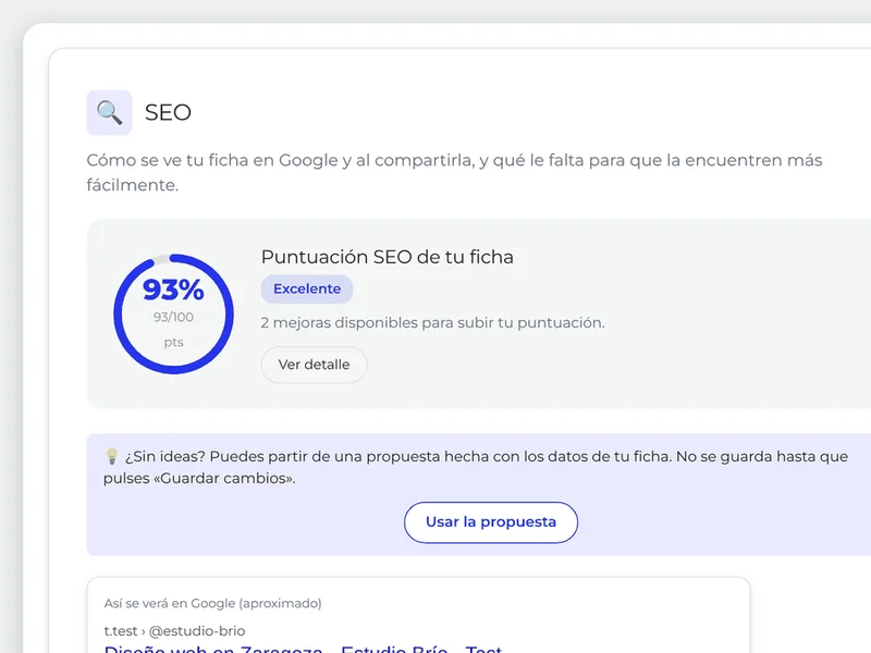Vista previa de Google, título y descripción con contador, imagen para compartir, texto de las fotos y una puntuación que dice qué mejorar y dónde.