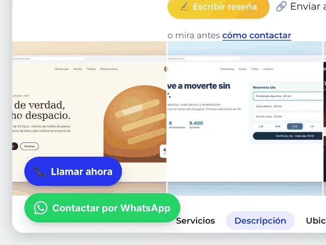 El botón de WhatsApp queda fijo en una esquina de la ficha y abre la conversación con tu número.