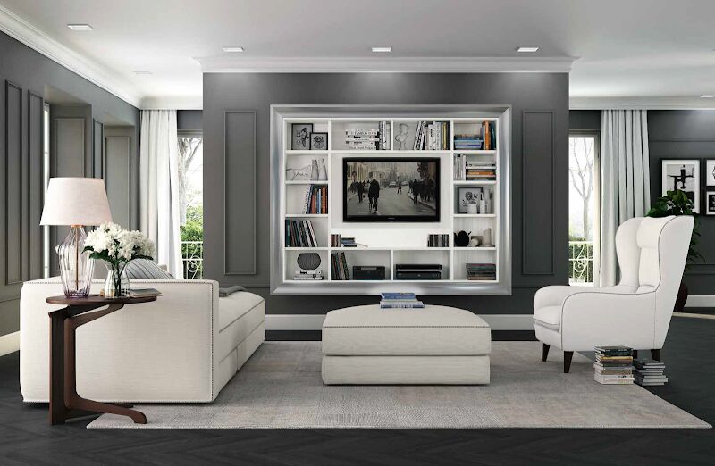 Salón clásico de lujo, mueble TV, estantería, sillón orejero, sofá cómodo y elegante e