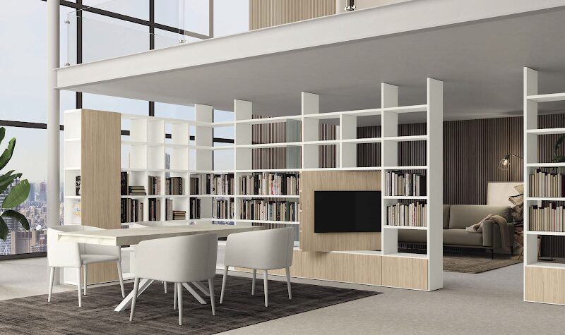 Mueble estanteria separador a 2 caras, mueble TV a 2 caras, comedor moderno, comedor de diseño